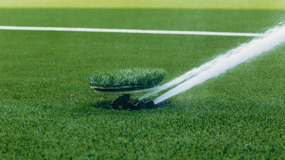 인조잔디에서 축구 헤딩 후 목을 만지는 장면과 안전한 착지 동작