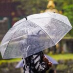 젖은 접이식 우산을 물기 덜 새게 접고 비닐에 넣는 장면